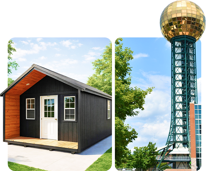 Sensei shed model alongside the Knoxville Sunsphere