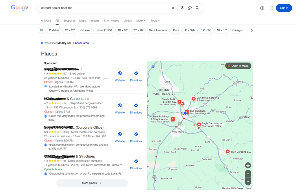 Google search result page highlights a search query "Carport dealer near me" for mount airy, NC location with local search results from the same.
